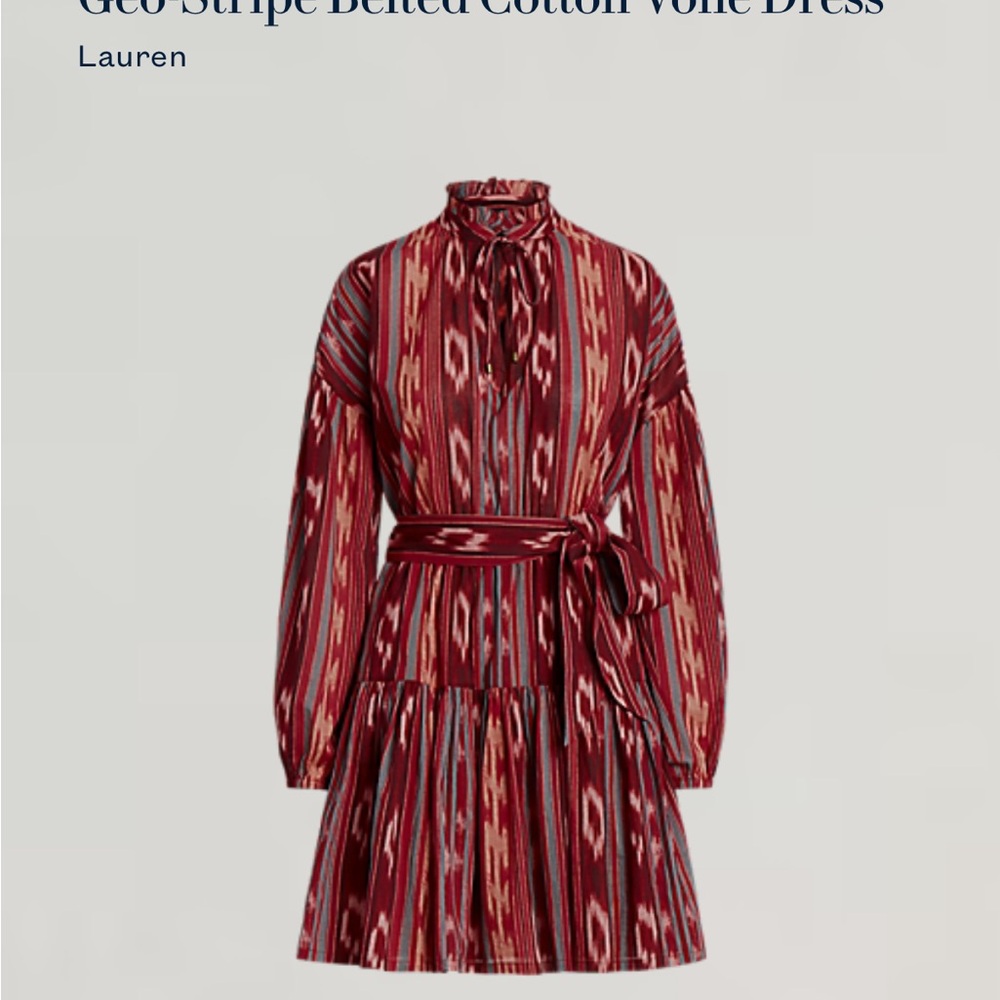 Geo Stripe Belted Cotton Voile Dress - Red